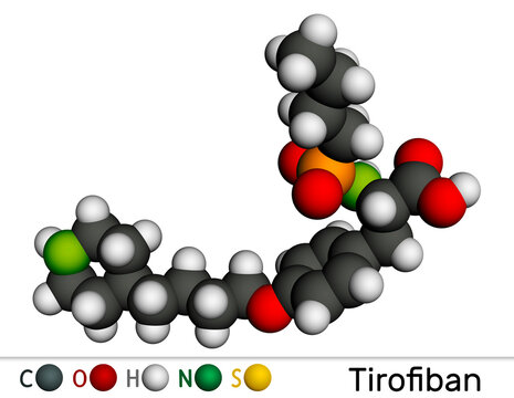 Tirofiban molecule. It is non-peptide tyrosine derivative, with anticoagulant activity, prevents the blood from clotting. Molecular model. 3D rendering