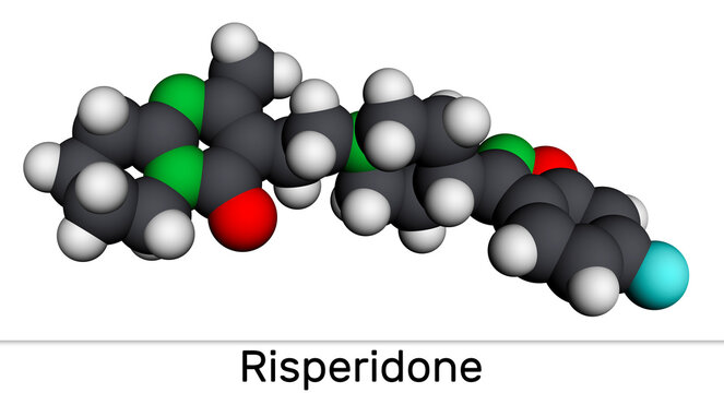 Risperidon molecule. It is antipsychotic medication, used to treat of schizophrenia, bipolar mania, psychosis, depression. Molecular model. 3D rendering