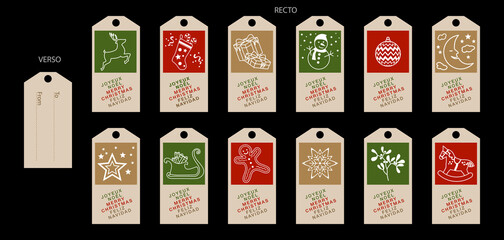 Série d’étiquettes beige, rouge, vert  illustrées d’objet de Noël sur des rouge, pour décorer et nommer le destinataire de vos cadeaux - texte français, anglais, espagnol - traduction : joyeux Noël.