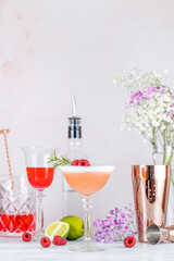 Clover Club Cocktail, a sour drink with Gin, raspberries, and egg white foam on light concrete surface. All day cocktail.