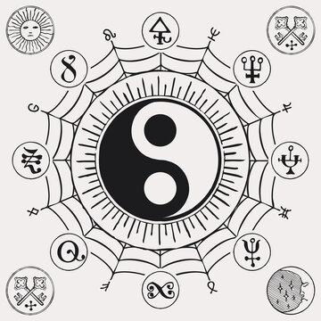 Vector black and white yin-yang symbol with magic symbols in retro style. Esoteric and mystical sign of balance, harmony, unity and opposites, Feng Shui, Zen, yoga, masculine and feminine