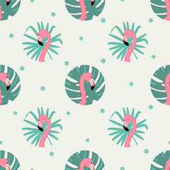 Seamless polka dot pattern with pink flamingo. Vector tropical print.	