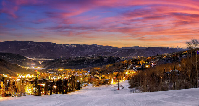 Aspen ski slope in Aspen Colorado with sunset