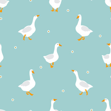 Seamless Cute Geese Pattern. Cartoon Goose Simple Print. Vector Illustration.