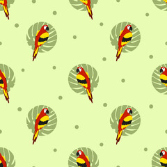 Seamless colorful tropical pattern with parrots. Vector summer polka dot print.