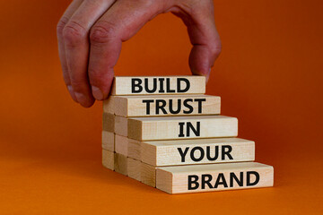 Success business process symbol. Wood blocks stacking as step stair on orange background, copy...