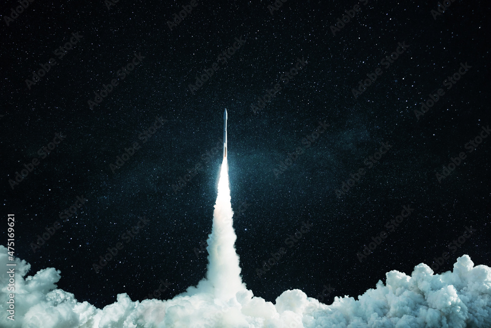 Aufkleber space rocket with clouds of smoke successfully begins a mission and takes off into space. spaceship 