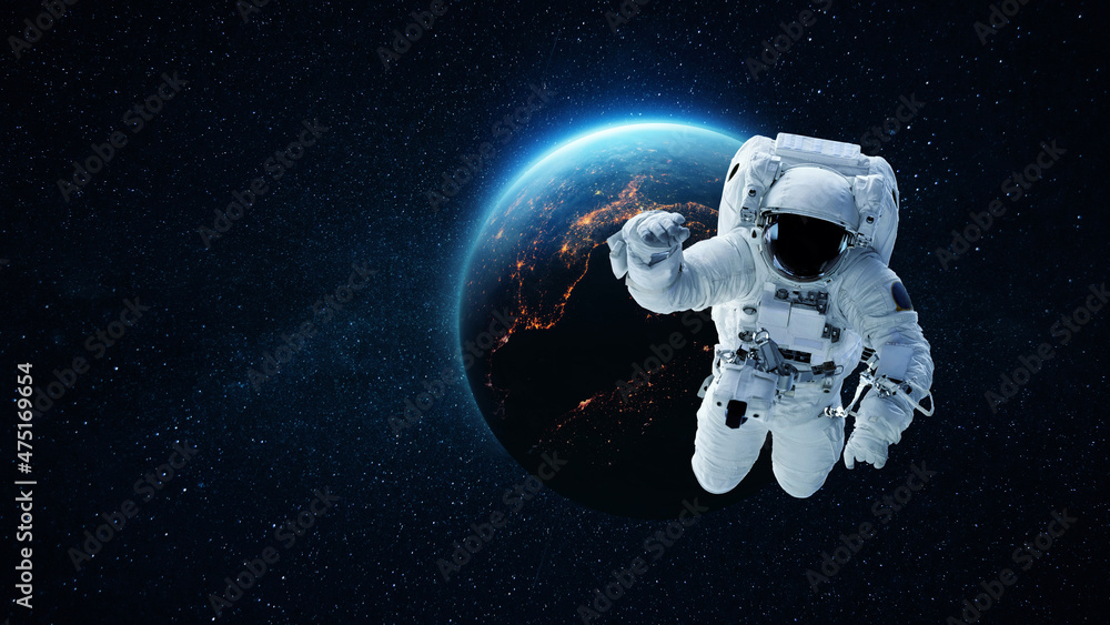Poster astronaut in deep space with stars and blue planet earth. space man in space