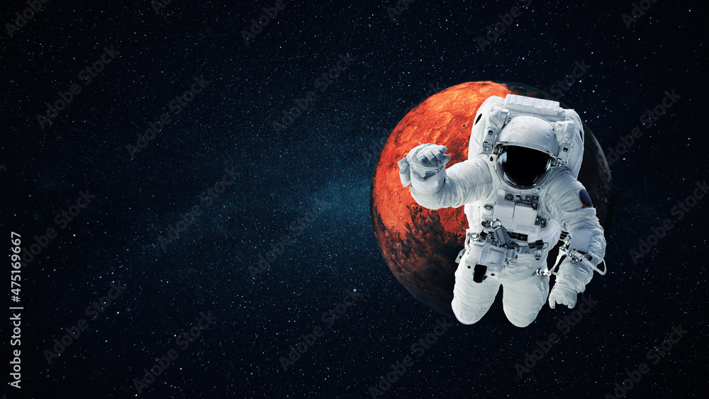 Poster astronaut in a space suit flies in open space with the stars and the red planet mars. journey to mar