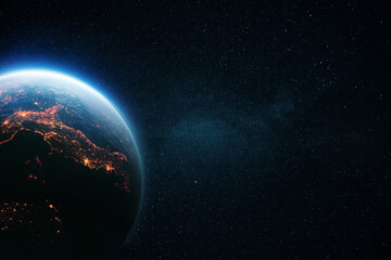 Amazing blue night planet Earth with lights and sunrise in deep starry space. Concept space