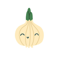 Cute kawaii onion. Kind childrens vegetable character with eyes and a smile. Vector isolated flat illustration on white background.