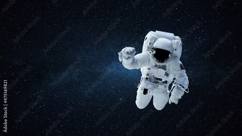 Poster Spaceman in a white space suit with a helmet flies in open space against a background of stars and the Milky Way. Astronaut on a mission in space and travels