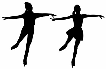 Two isolated vector silhouettes of a figure skater girl standing on skates in a beautiful pose © ivnas