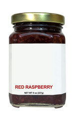 Jar of red raspberry jam isolated on white. Blank label.