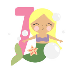 Mermaid Party Invitation Card Template, Birthday Party in Mermaid Style Celebration, Greeting Card. Kids illustration with cute mermaid and number seven. Illustration in cartoon style. Vector.