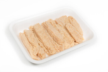 Tray of battered chicken pieces on a white background
