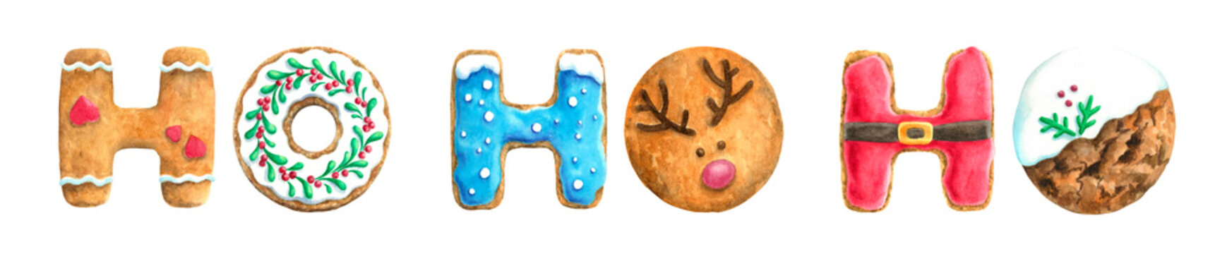 HO-HO-HO. Merry Christmas and Happy New Year Postcard. Gingerbread cookies. Watercolor illustration.
