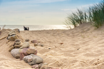 Fototapeta na wymiar A variety of pebbles lie in a line on the sandy shore.