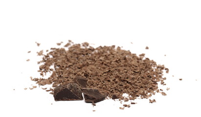 Pile chopped, milled chocolate isolated on white