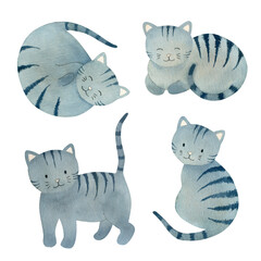 Hand drawn watercolor illustration. Set of watercolor cats.