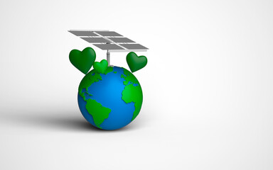 Planet earth with solar plate collector or photovoltaic panel to supply the whole world with electric power and green hearts.3d Render