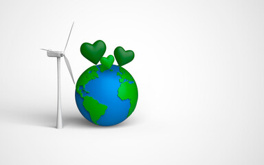 Ecological Energy Concept. Wind Turbine Windmills, Earth Globe and green hearts. 3d Rendering