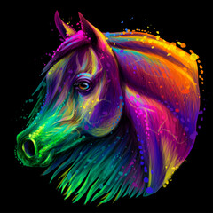 Horse. Abstract, neon portrait of a horse's head in pop art style and splashed watercolors on a black background. Digital vector graphics.