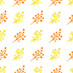 Seamless pattern with hand-drawn watercolor orange and yellow branches with berries on white. Organic, natural, freshness concept for textile, print, etc.