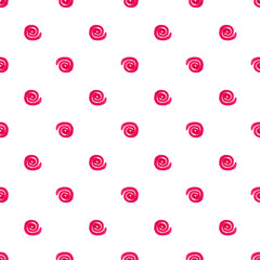 Seamless pattern with hand-drawn watercolor abstract pink spirals on white. Simple geometric background