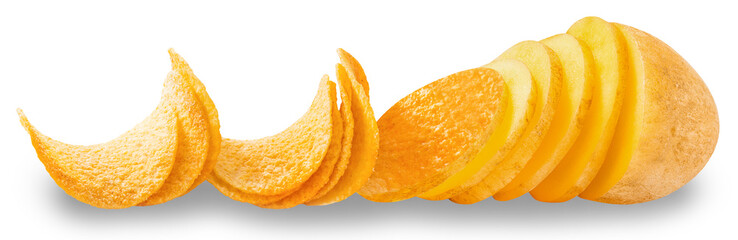 Fototapeta na wymiar Potato slices turning into chips isolated on white background