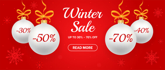 Big Christmas winter sale offer, Advertising banner template. Advertising poster for the store. Red banner for website or flyer. Christmas ball discount hanging with snowflake on red background