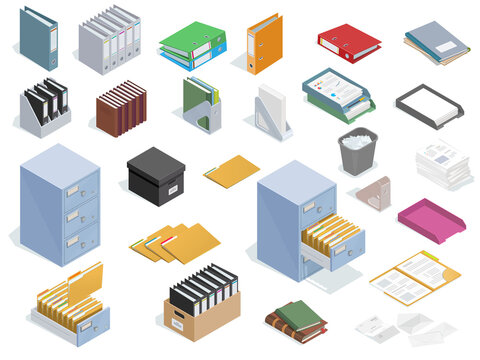 Isometric office equipment set for paperwork and archival data storage. Office stationery.