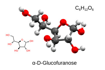 Chemical formula, structural formula and 3D ball-and-stick model of alpha-D-glucofuranose, white background