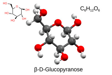 Chemical formula, structural formula and 3D ball-and-stick model of beta-D-glucopyranose, white background