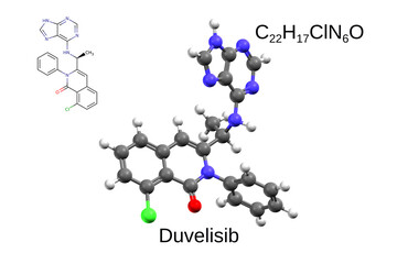 Chemical formula, structural formula and 3D ball-and-stick model of the anticancer drug duvelisib, white background