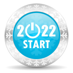 New years 2022 icon. Christmas design blue glossy web button. Winter concept illustration with snowflakes.