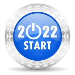 New years 2022 icon. Christmas design blue glossy web button. Winter illustration with snowflakes.