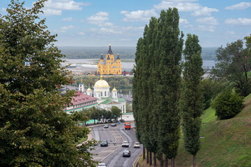 View of the Pokhvalinsky Exit Street and the Cathedral of the Holy Prince Alexander Nevsky, Nizhny...