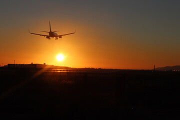 Fototapeta na wymiar plane landing at sunset