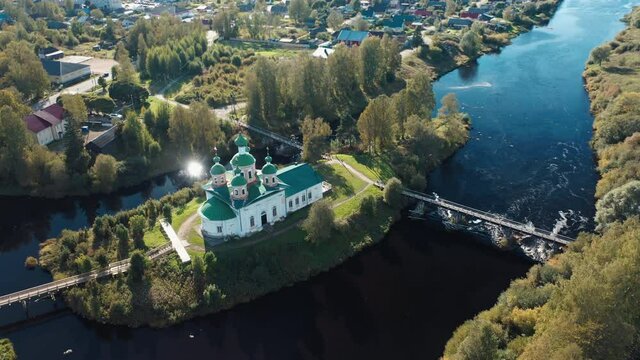 Aerial view of the Orthodox Church located on the tiny island in the town of Olonets in Russia