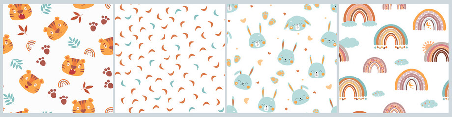 A set of cute children's seamless patterns with animals. Tigers, rabbits for baby textiles, prints, fabrics. Rainbows, clouds, stars in boho style. Vector graphics.