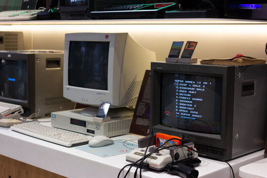 Saint Petersburg, Russia - 06.12 2021: Dendy prefix with a list of games on the monitor and Siemens Nixdorf PCD-4Lsx in Yandex Museum on Nevsky Prospekt