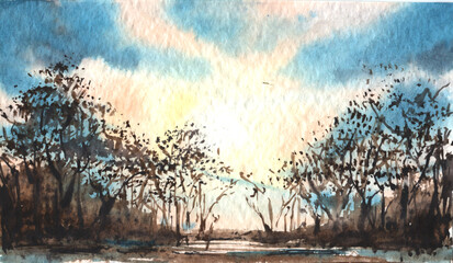 Watercolour background with sunset and blue sky. Trees and water outdoor landscape painting.