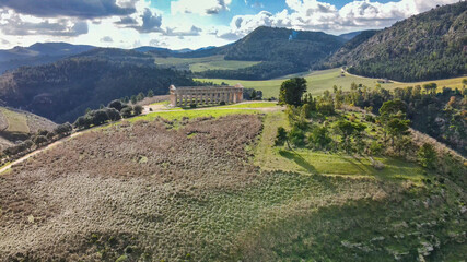 Temple of Segesta in the countryside of Sicily, Italy. Aerial view from drone