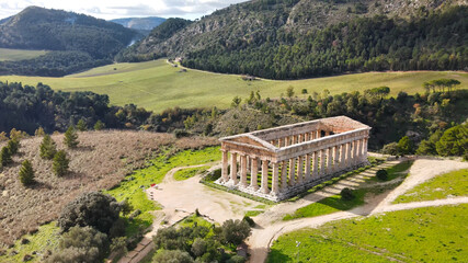 Temple of Segesta in the countryside of Sicily, Italy. Aerial view from drone