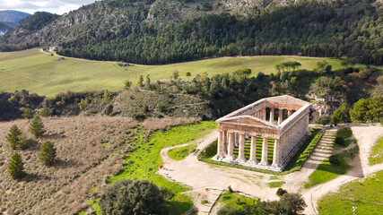 Temple of Segesta in the countryside of Sicily, Italy. Aerial view from drone