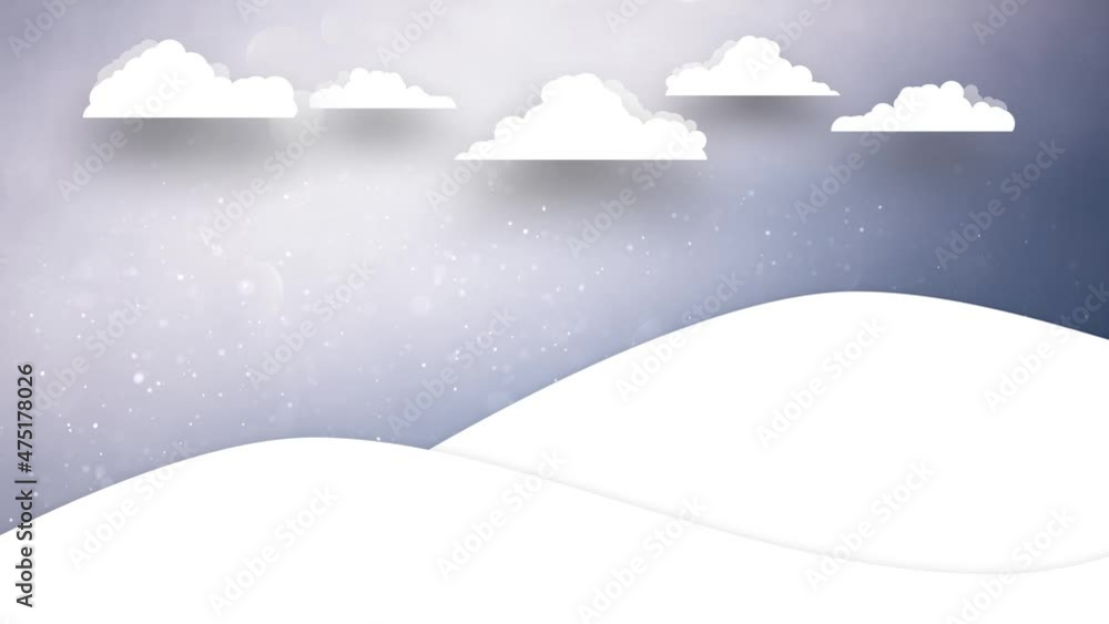 Poster seamless loop snow covered landscape with snowflakes falling from illustrated clouds copy space gree