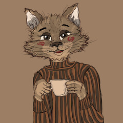 smiling cat wearing a sweater with a cup