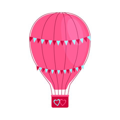 Pink romantic aerostat with bunting of festive flags. Valentine day design hot air balloon