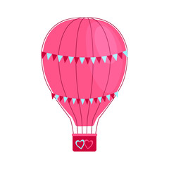Naklejka premium Pink romantic aerostat with bunting of festive flags. Valentine day design hot air balloon